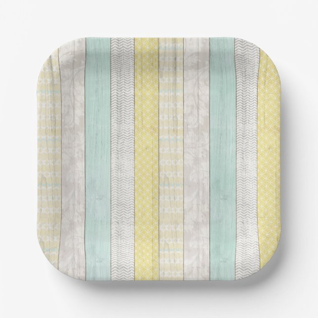 Mint & Yellow Boho Geometric Muster Rustikales Hol Pappteller (Vorderseite)