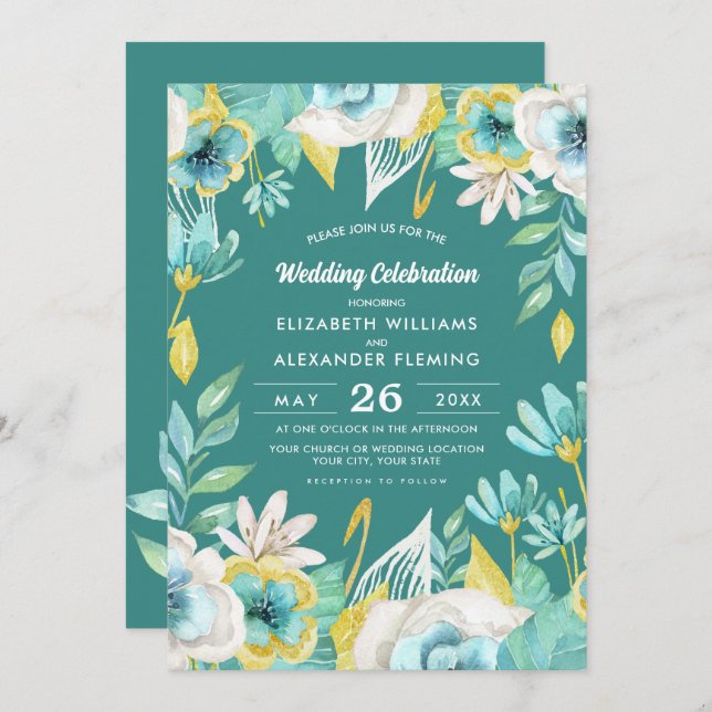 Mint Yellow Floral Watercolor Hochzeit Einladung (Vorne/Hinten)