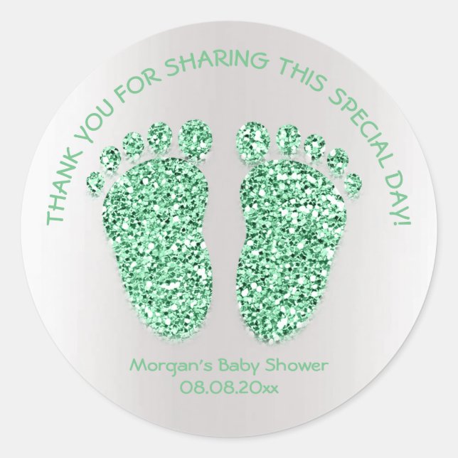 MintGray Glitzer Feet Baby Shower Gefallen Vielen  Runder Aufkleber (Vorderseite)