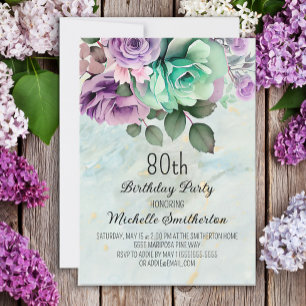 Mintgrün lila Blumen-Schmetterling 80. Geburtstag Einladung