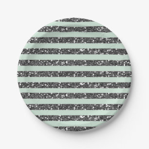 Mintgrün und Silber Glitter Streifen Party Pappteller