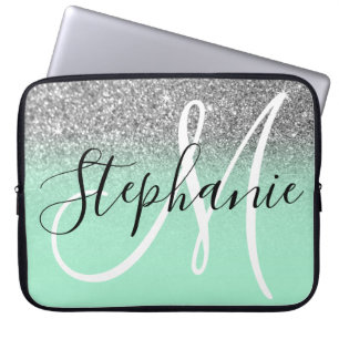 Mintgrün und silberner Glitter Ombre Monogramm Laptopschutzhülle