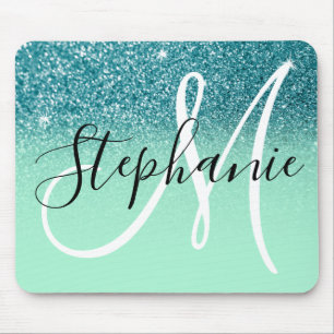 Mintgrün und Türkis Glitter Ombre Glanz Monogramm Mousepad