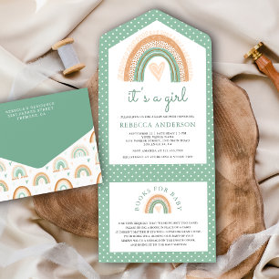 Mintgrüne Aquarell-Boho-Regenbogen-Baby-Party All In One Einladung