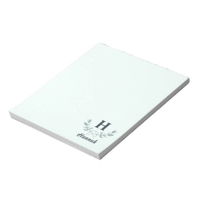 Mintgrüne Eukalyptusblatt-Monogramm Notizblock (Rotiert)