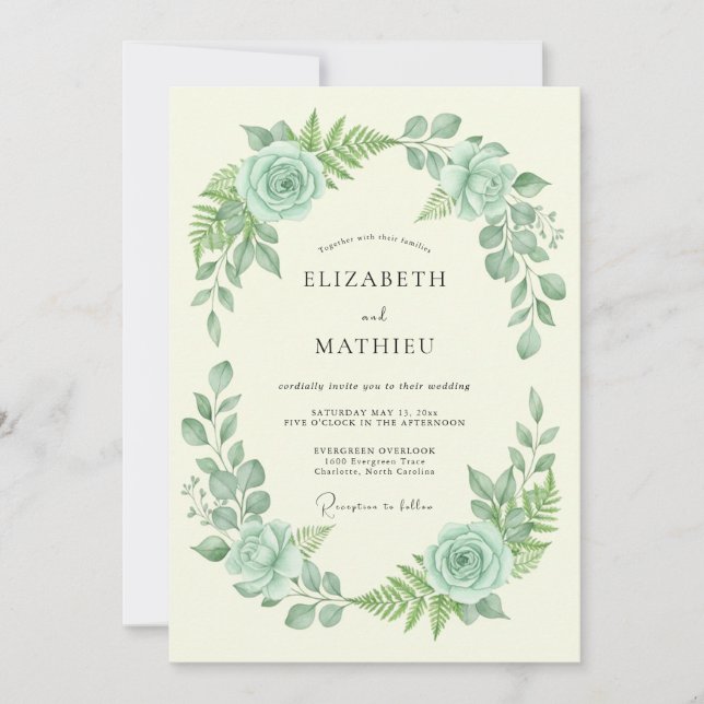 Mintgrüne florale Hochzeit Einladung (Vorderseite)