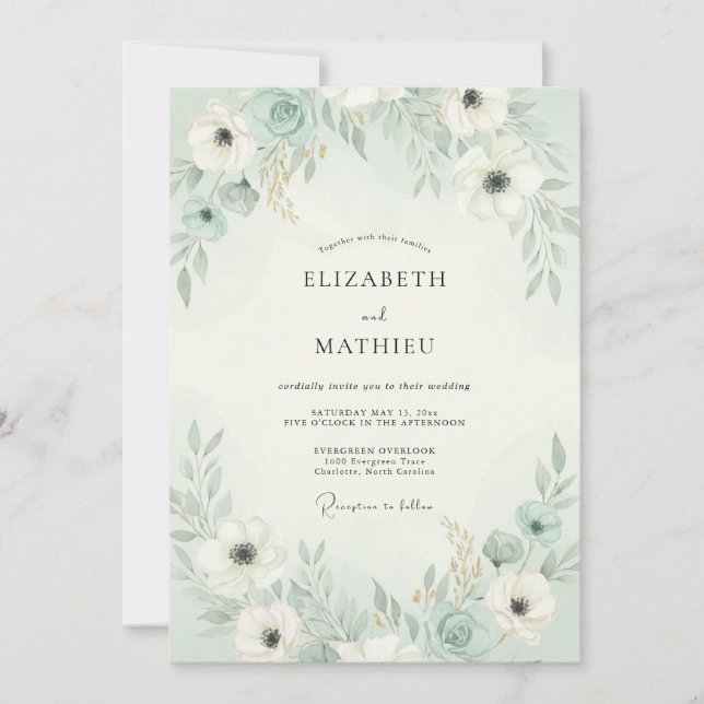 Mintgrüne luftige Blumenhochzeit Einladung (Vorderseite)