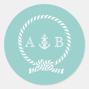 Mintgrüne maritime Leine und Anker-Monogramm Runder Aufkleber
