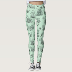 Mintgrüne pastorale Toile mit Vögeln und Blüten Leggings