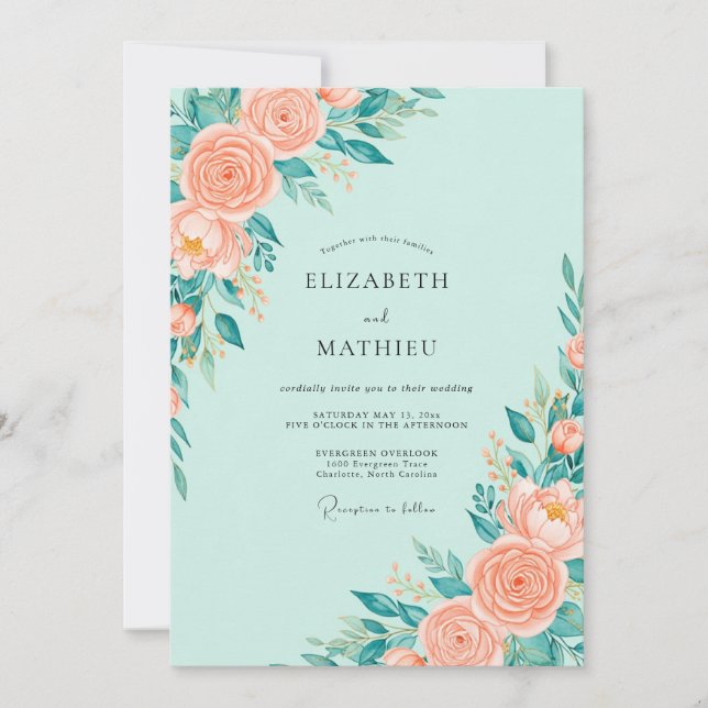 Mintgrüne prächtige Blumenhochzeit Einladung (Vorderseite)