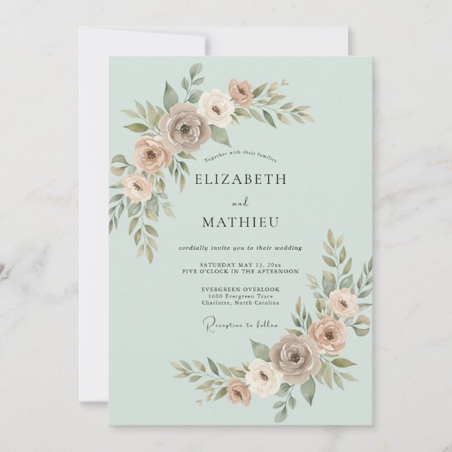 Mintgrüne subtile botanische Hochzeit Einladung (Vorderseite)