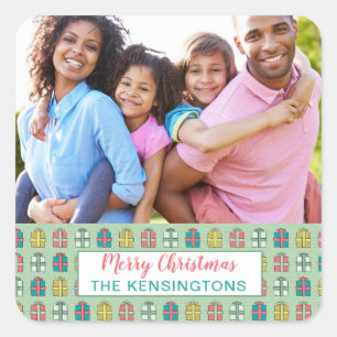 Mintgrüne Türkis-Weihnachtsmuster-Feiertagsfoto Quadratischer Aufkleber