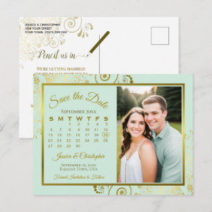 Mintgrüne und goldene Hochzeit Save Date Kalender  Ankündigungspostkarte