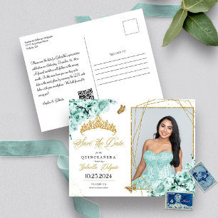 Mintgrüne und goldene Tiara Quinceañera Foto-Postk Postkarte