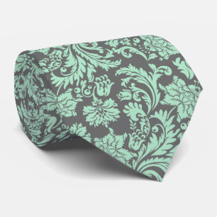 Mintgrüne und graue vintage Blumen-Damastmuster Krawatte