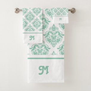 Mintgrüne und weiße Vintage-Damaske mit Monogramm Badhandtuch Set