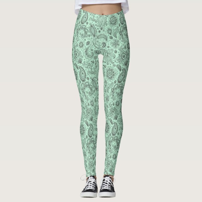 Mintgrüner Batik-Boho-Stil Blumen-Paisley-Muster Leggings (Vorderseite)