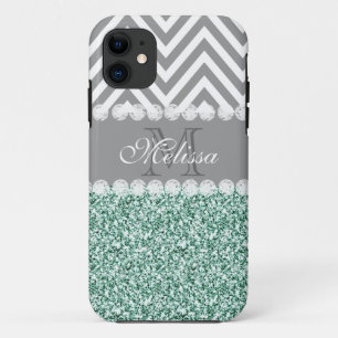 MINTGRÜNER GLITTER, GRAUER CHEVRON, MONOGRAMM Case-Mate iPhone HÜLLE