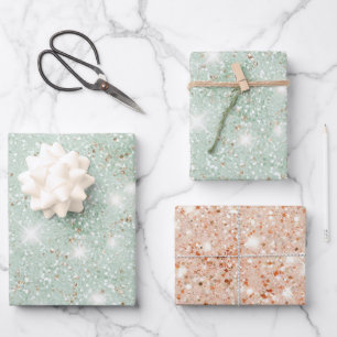 Mintgrüner Pfirsich-Faux-Glitter-Geburtstag Geschenkpapier Set