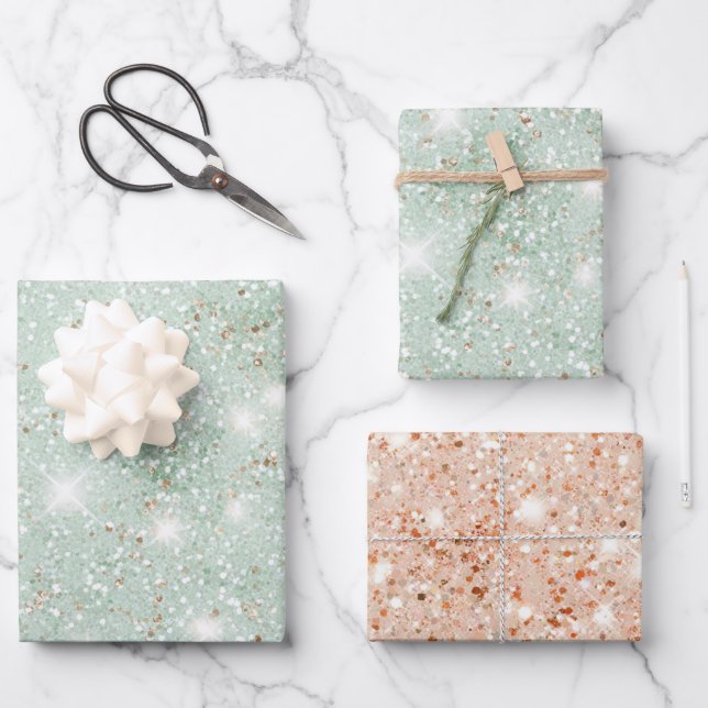 Mintgrüner Pfirsich-Faux-Glitter-Geburtstag Geschenkpapier Set (Vorderseite)