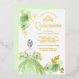 MINTGRÜNES BLUMENKLEID PRINCESSIN QUINCEANERA GOLD FOLIENEINLADUNG