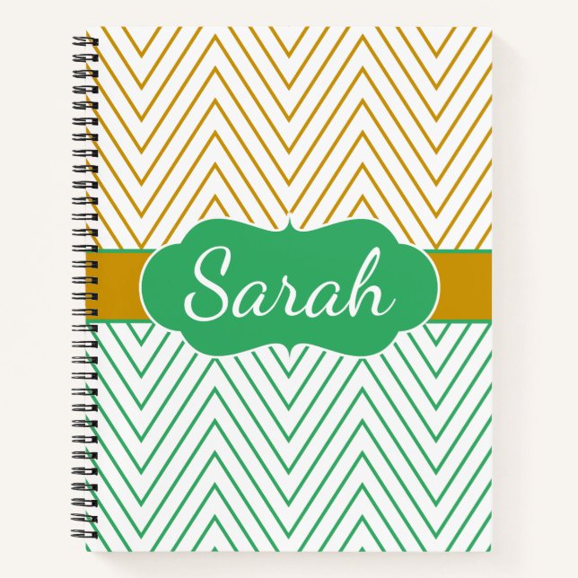 Mintgrünes Gold Chevron personalisiertes Muster Notizbuch (Vorderseite)