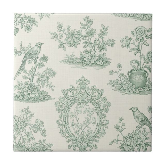 Mintgrünes Toile-Blumen- und Vogel-Muster Fliese (Vorderseite)