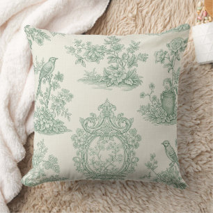 Mintgrünes Toile-Blumen- und Vogel-Muster Kissen