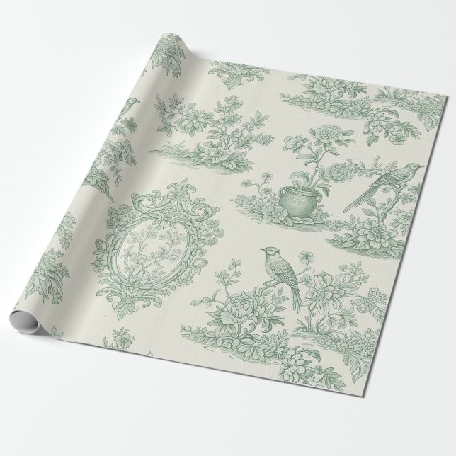 Mintgrünes Toile-Blumen- und Vogelmuster Geschenkpapier (Ungerollt)