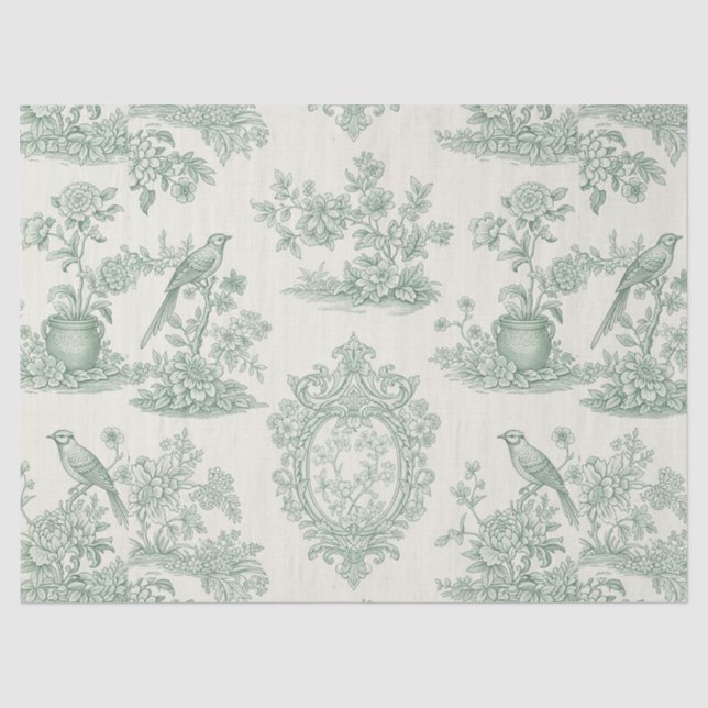 Mintgrünes Toile-Blumen- und Vogelmuster Seidenpapier (Vorderseite)