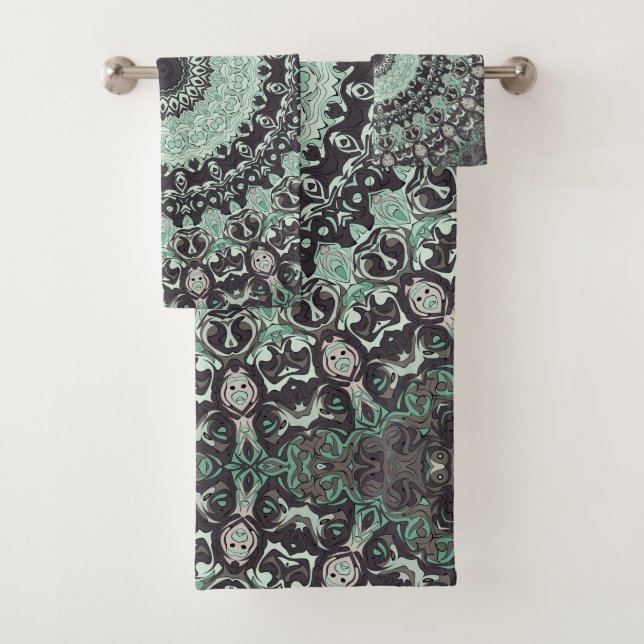 Mintgrünes und Kohlegrau-Mandala-Muster Badhandtuch Set (Insitu)