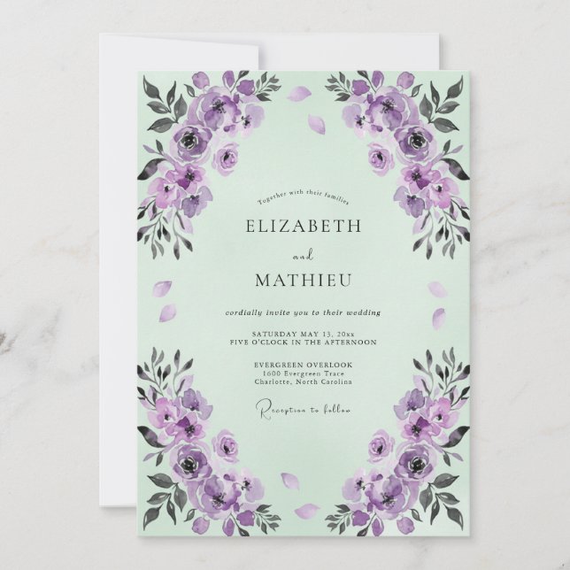 Minthe-Amethyst-Wasserfarben-Hochzeit Einladung (Vorderseite)