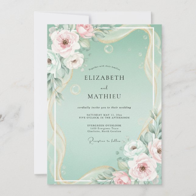 Minthe-Blush-Blumenhochzeit Einladung (Vorderseite)