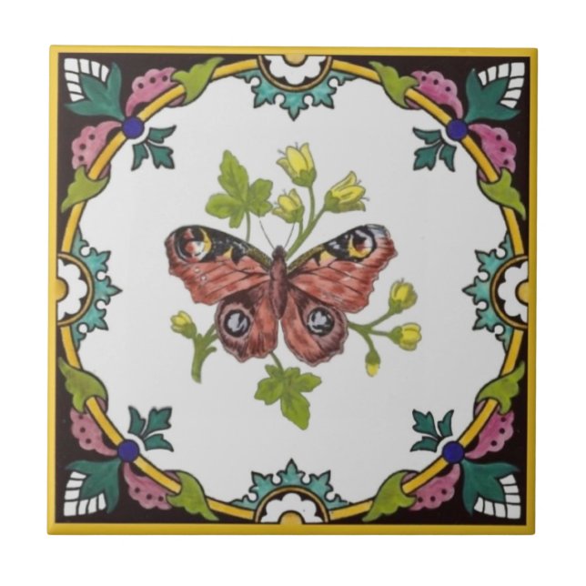 Minton Butterfly Handfarben c.1870 Tile Repro Fliese (Vorderseite)