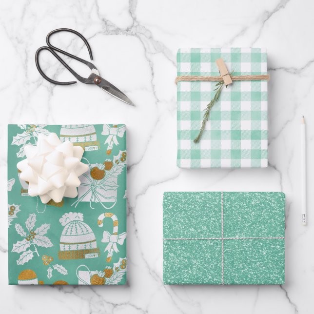 Minty Cosy Holiday Wrapping Paper Sheets Geschenkpapier Set (Vorderseite)