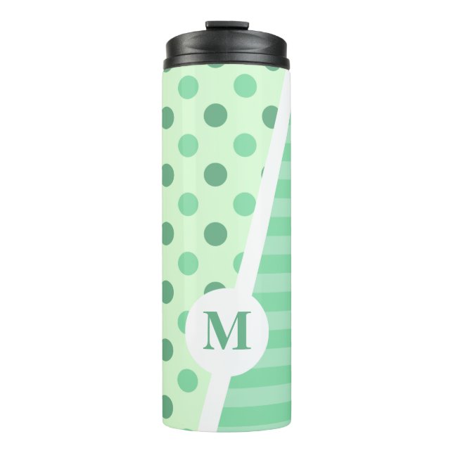 Minty Fresh Blue Polka Dots and Stripes: Monogramm Thermosbecher (Vorderseite)