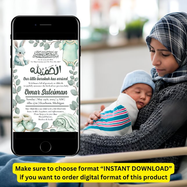 Minty Green Baby Stuff Muslim Geburtsankündigung Einladung (Von Creator hochgeladen)