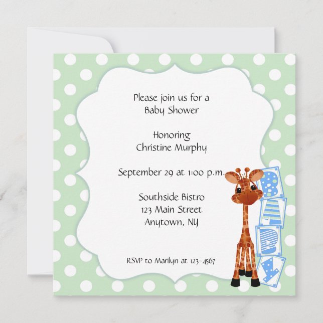 Minty Green Polka Dot Giraffe Einladung (Vorderseite)