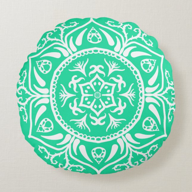 Minty Mandala Rundes Kissen (Vorderseite)