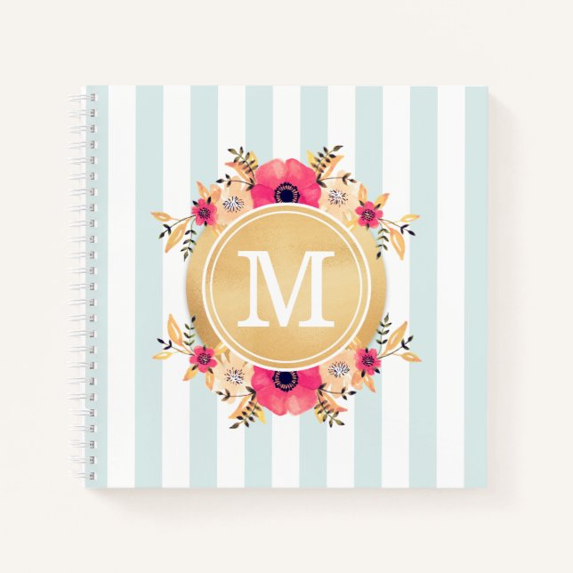 Minusstreifen Wasserfarbige Blume Imitate Gold Mon Notizbuch (Vorderseite)
