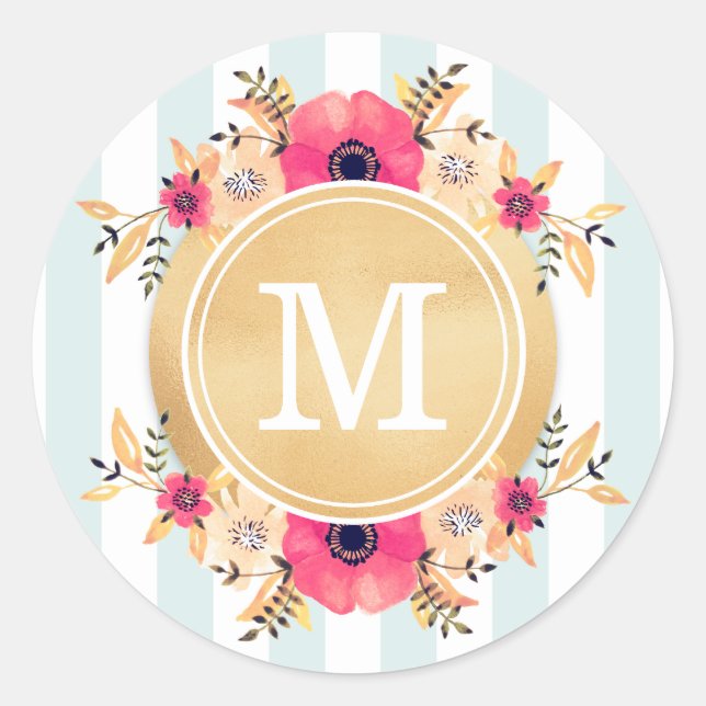 Minusstreifen Wasserfarbige Blume Imitate Gold Mon Runder Aufkleber (Vorderseite)