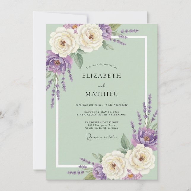 Minz-Amethyst-Blatt-Hochzeit Einladung (Vorderseite)