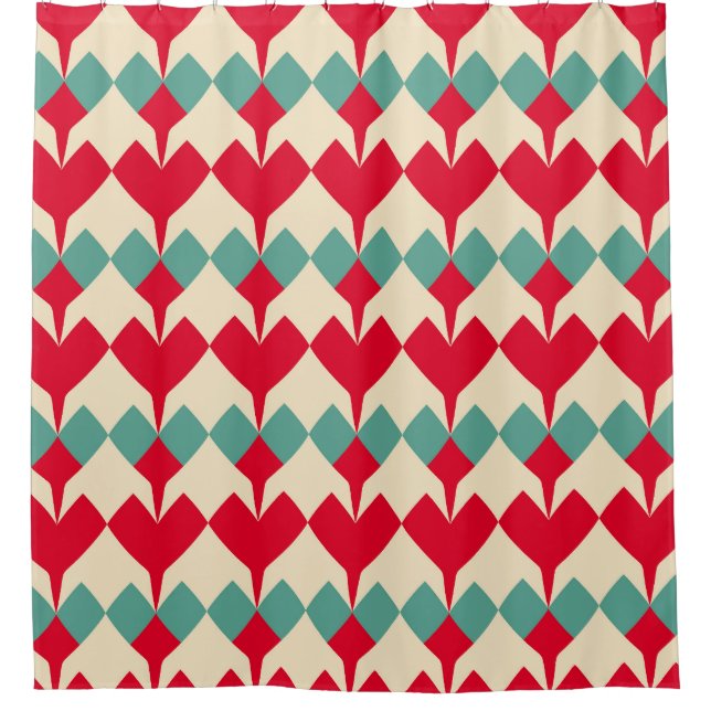 Minz blau, rote Herzen Kachelmuster. Duschvorhang (Vorderseite)