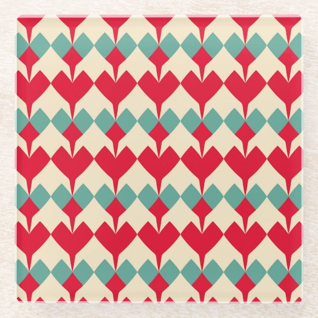 Minz blau, rote Herzen Kachelmuster. Glasuntersetzer (Vorderseite)