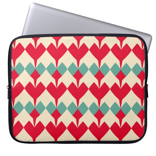 Minz blau, rote Herzen Kachelmuster. Laptopschutzhülle (Vorderseite)