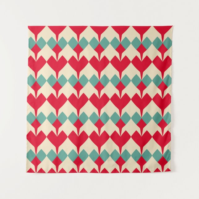 Minz blau, rote Herzen Kachelmuster. Wandteppich (Vorderseite)