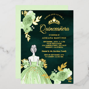 Minz-Blumenkleid Smaragdgrün Quinceanera Gold Folieneinladung