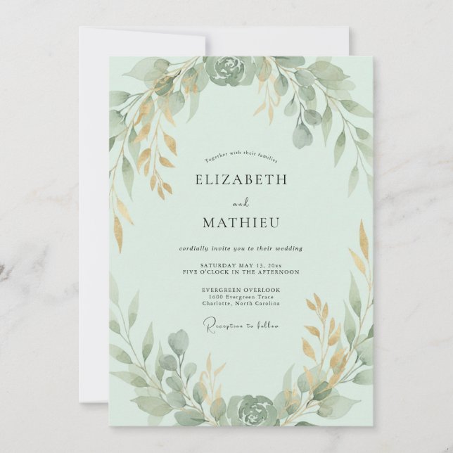 Minz-Gold-Blatt-Hochzeit Einladung (Vorderseite)