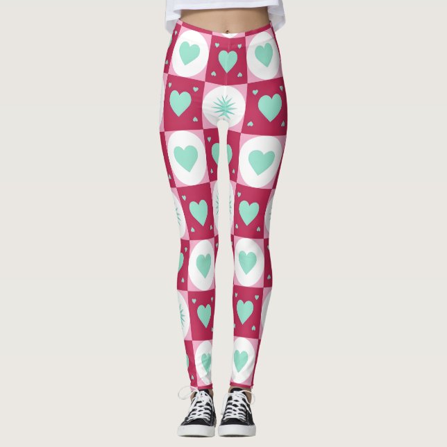 Minz-Herzen & Retro-Sterne Leggings (Vorderseite)