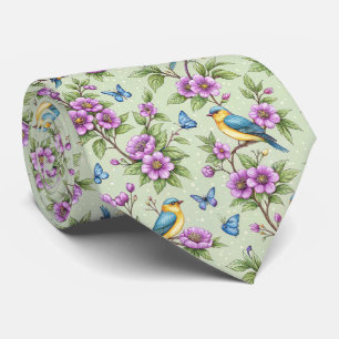 Minz-Hintergrund-Singvögel & violette Blumen Krawatte